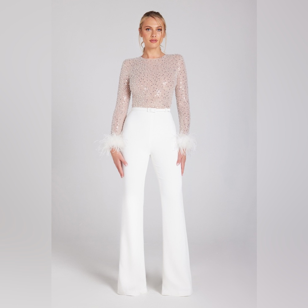 NWT Nadine Merabi Amelia Jumpsuit - size M - Bridal Sequin & Feathers